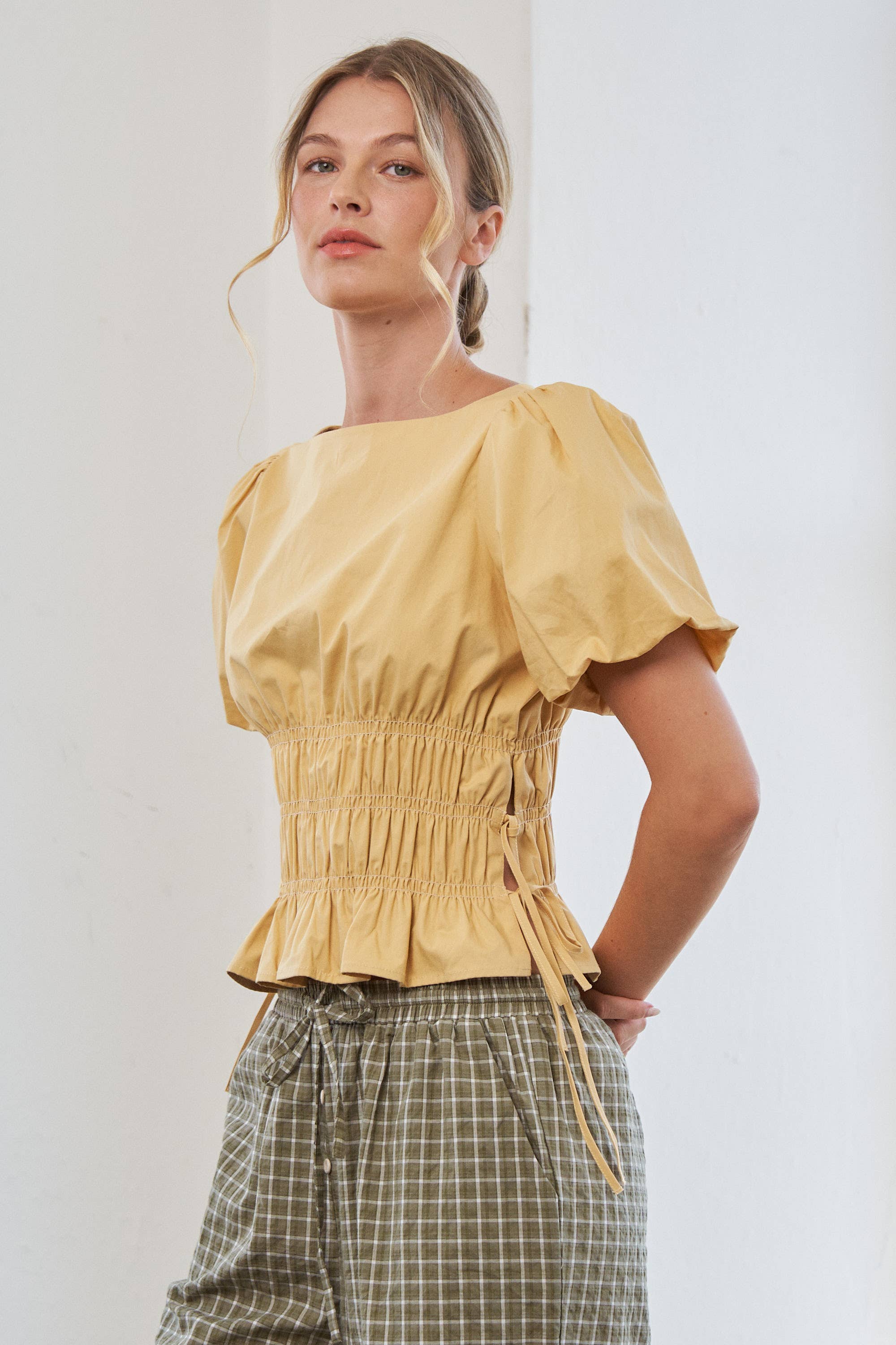 Boat Neckline Smocked Puff Sleeve Top