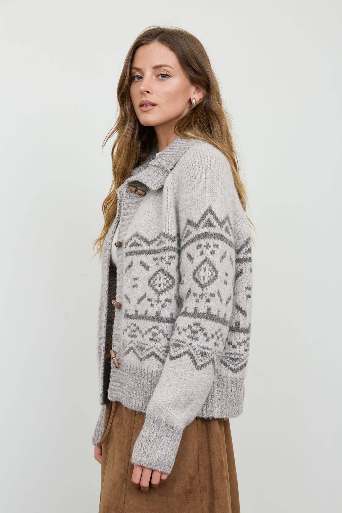 Toggle Button Fair Isle Knit Cardigan