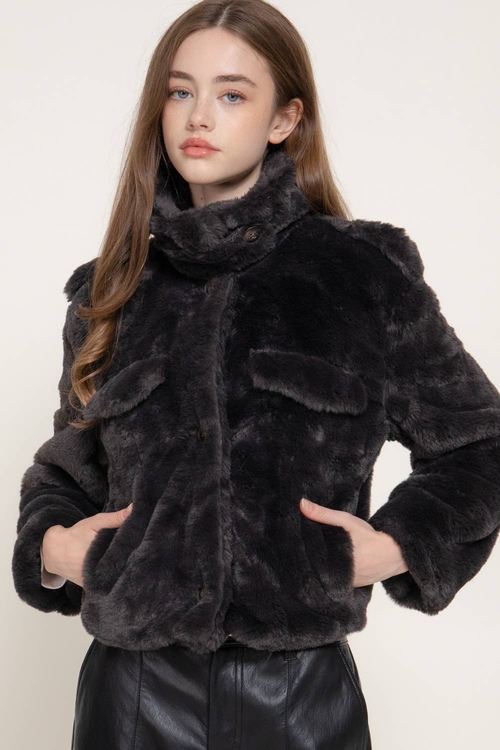 Funnel Neck Faux Fur Jacket