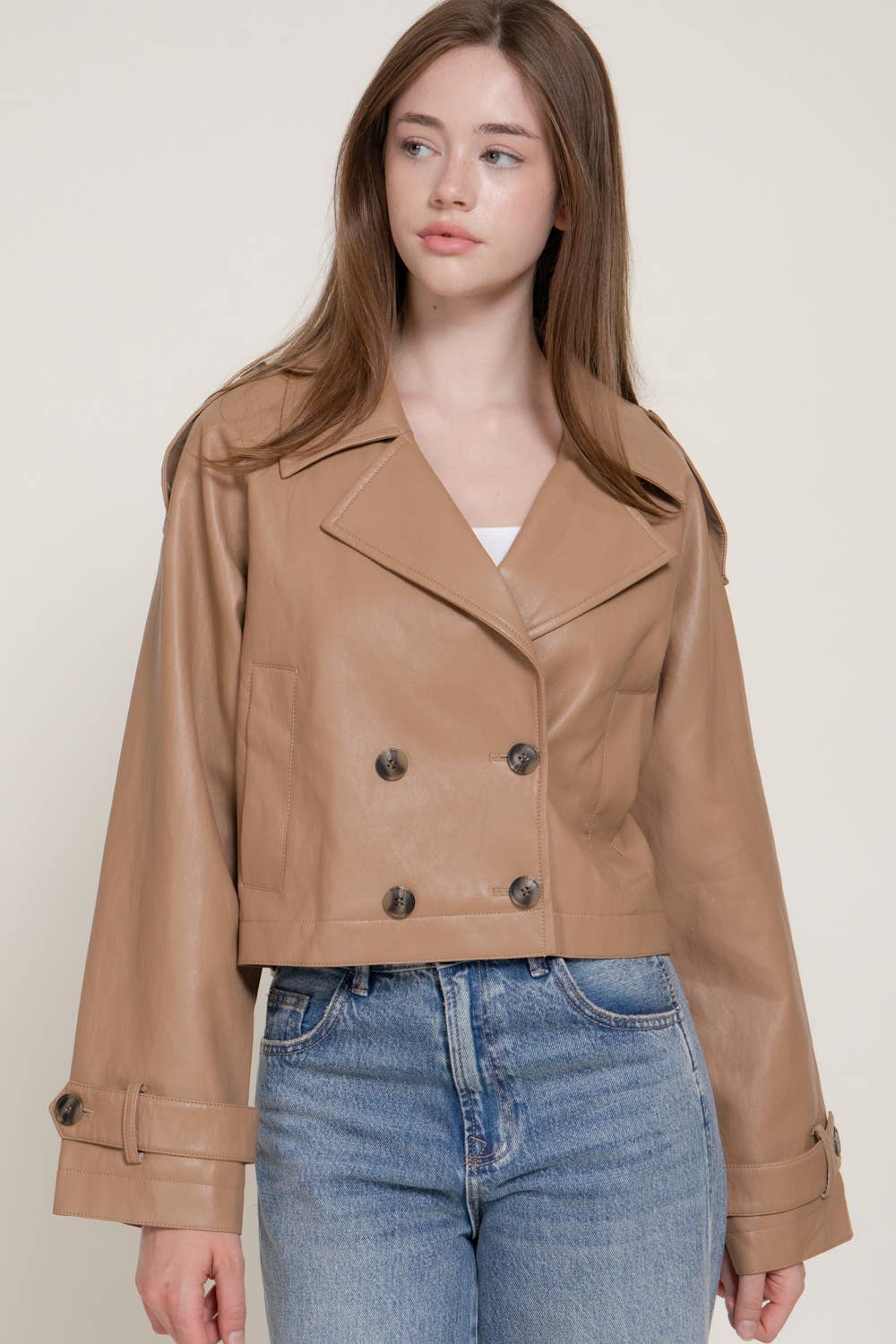 Faux Leather Cropped Trench Coat