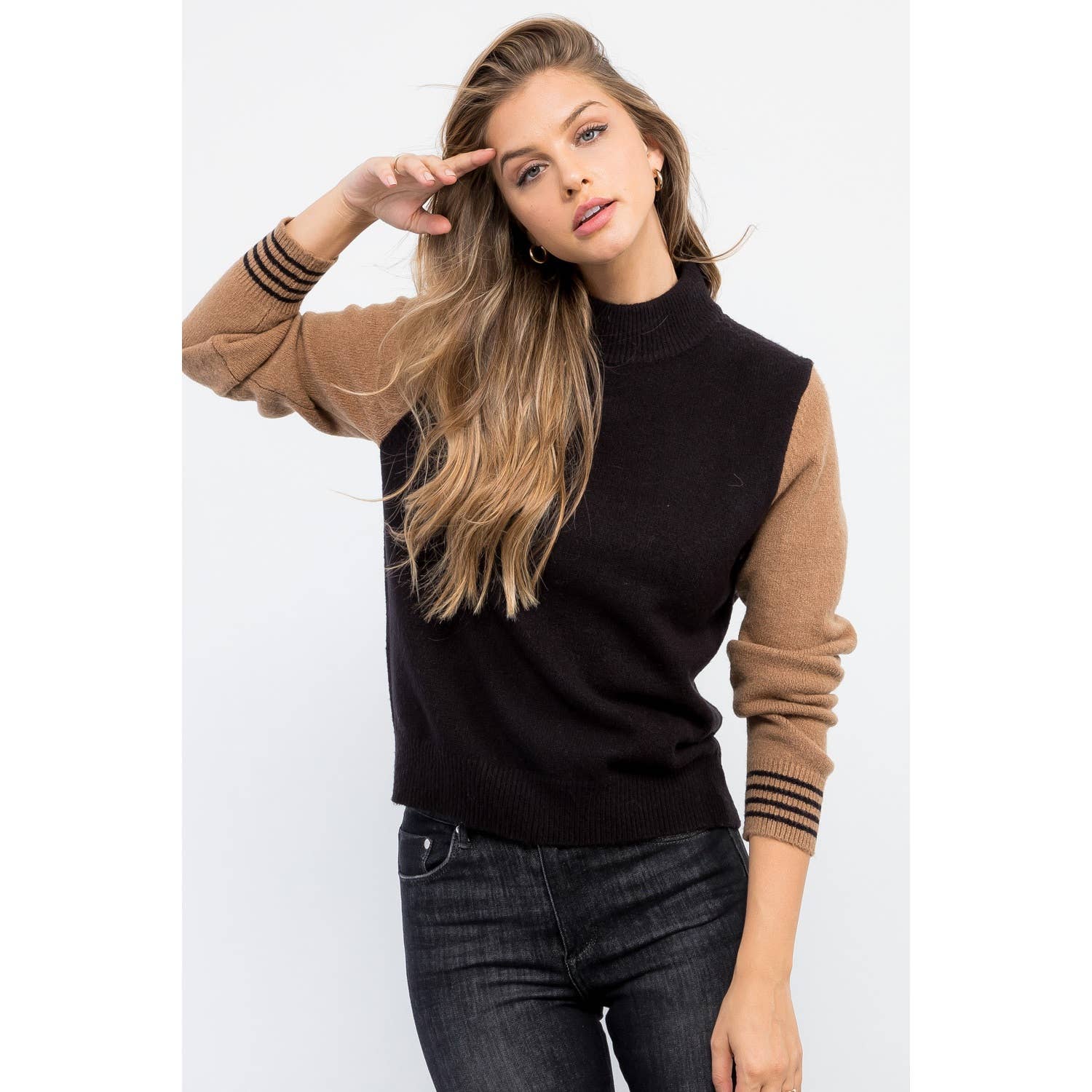 Color Block Mock Neck Sweater black front | MILK MONEY milkmoney.co | cute clothes for women. womens online clothing. trendy online clothing stores. womens casual clothing online. trendy clothes online. trendy women's clothing online. ladies online clothing stores. trendy women's clothing stores. cute female clothes.
