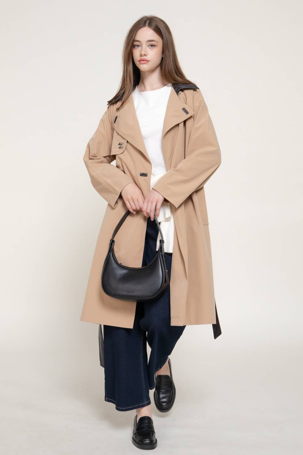 Trench Coat with Faux Leather Collar/Belt
