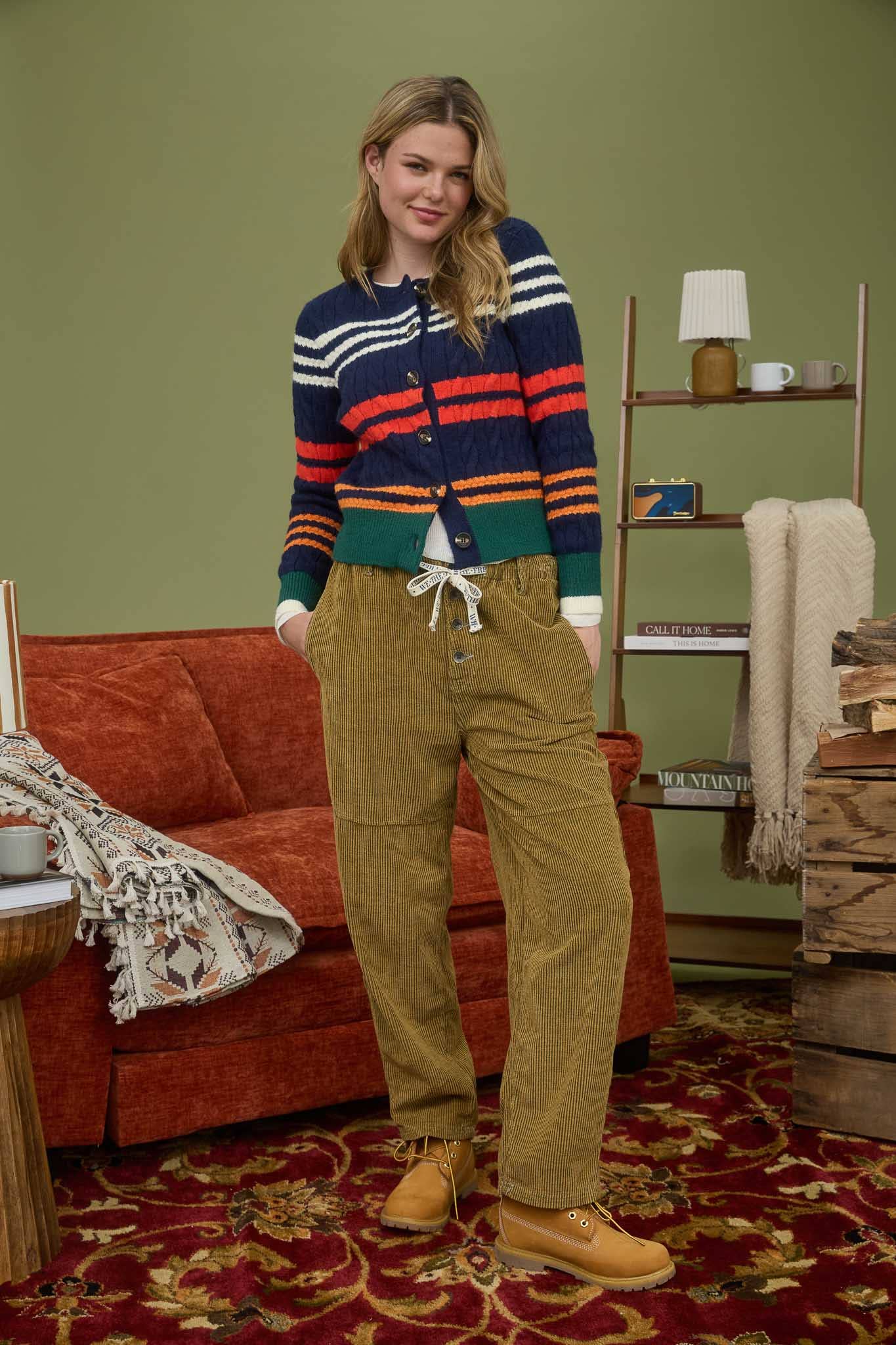 Stripe Cable Knit Button-Down Sweater