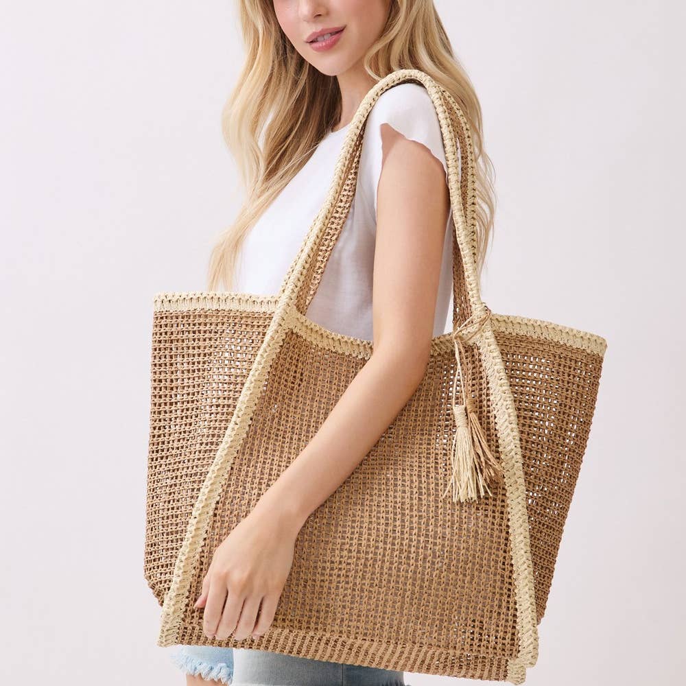 Two Tone Woven Straw Tote