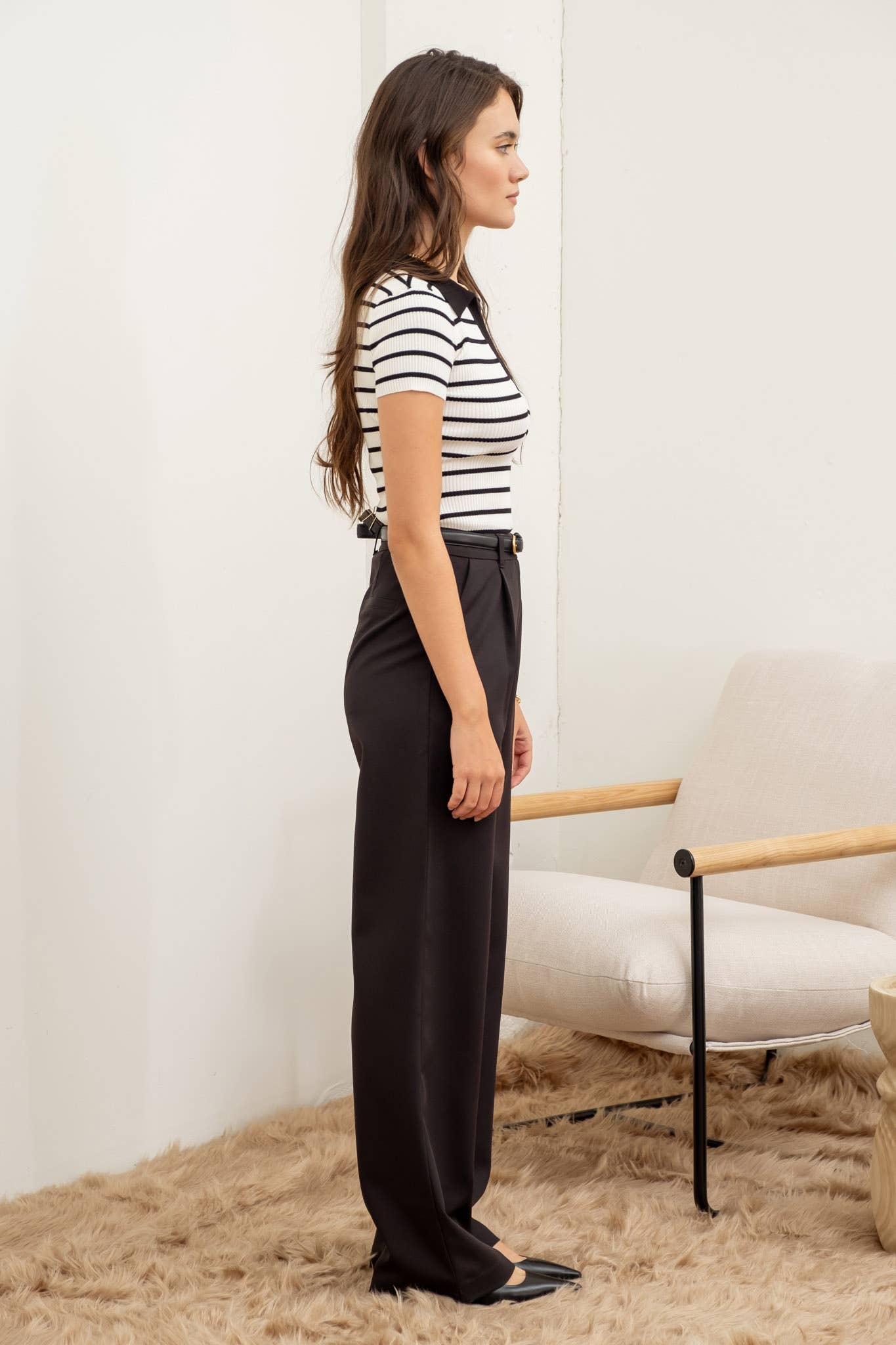 Stripe Collared Short Sleeve Sweater Knit Top