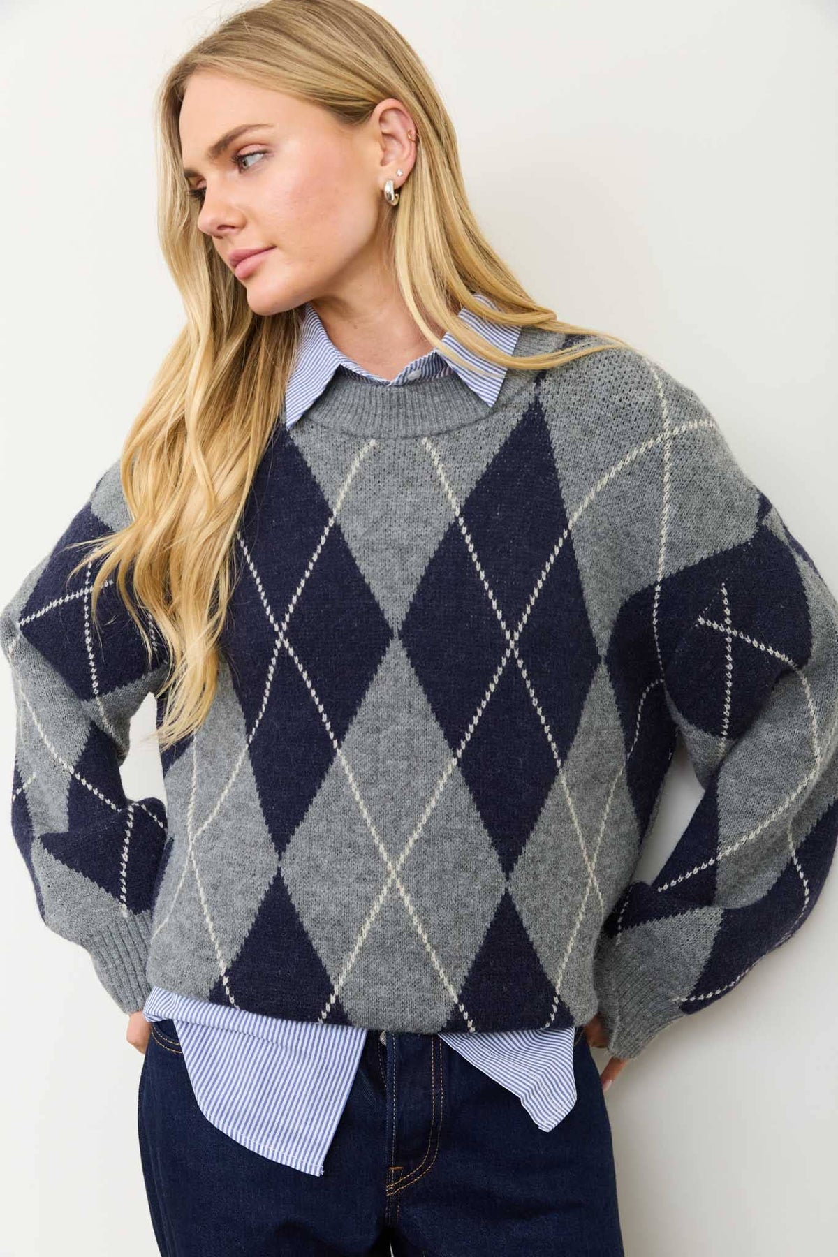 Oversized Argyle Knit Pullover