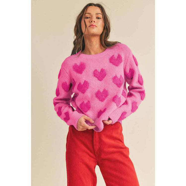 Fuzzy Heart Pullover fuchsia pink front | MILK MONEY milkmoney.co | cute clothes for women. womens online clothing. trendy online clothing stores. womens casual clothing online. trendy clothes online. trendy women's clothing online. ladies online clothing stores. trendy women's clothing stores. cute female clothes.