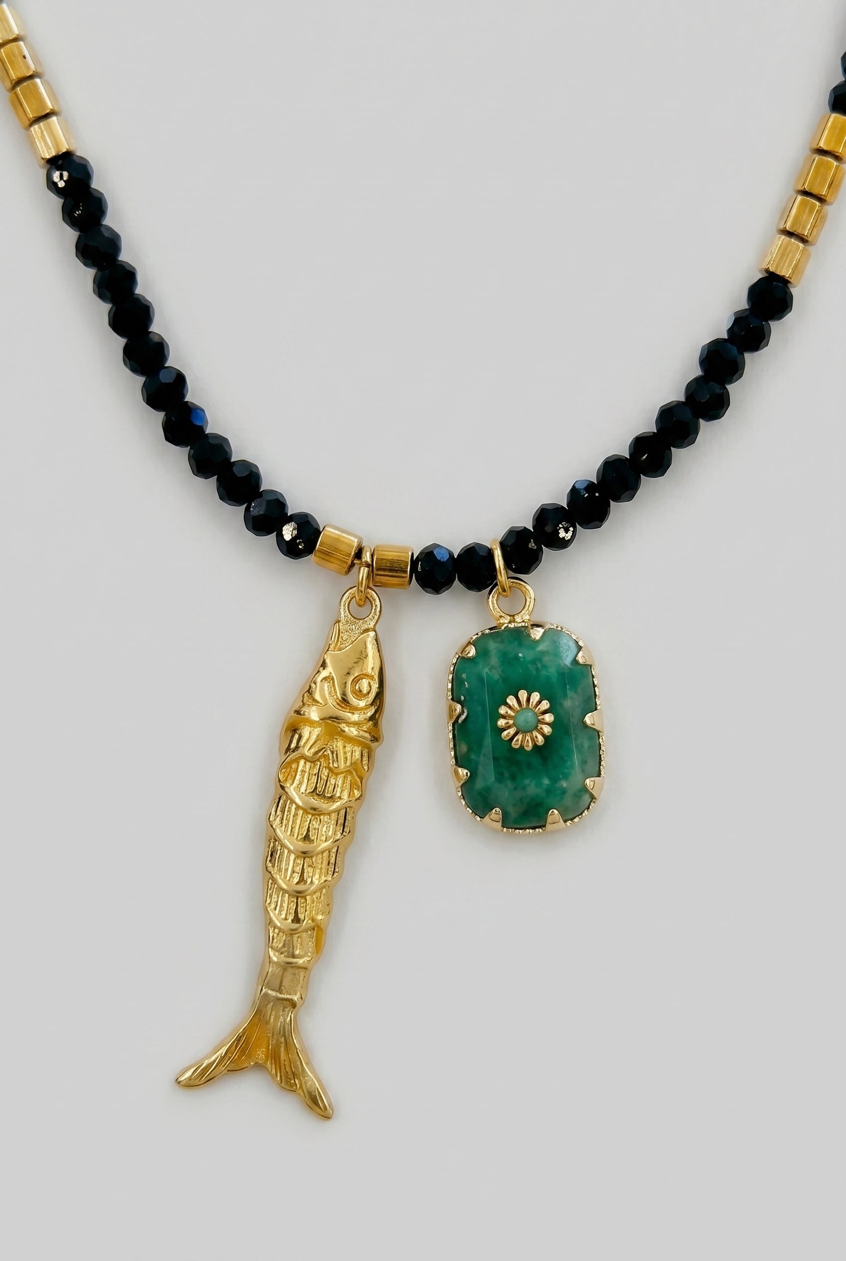 Black Beaded Fish Necklace