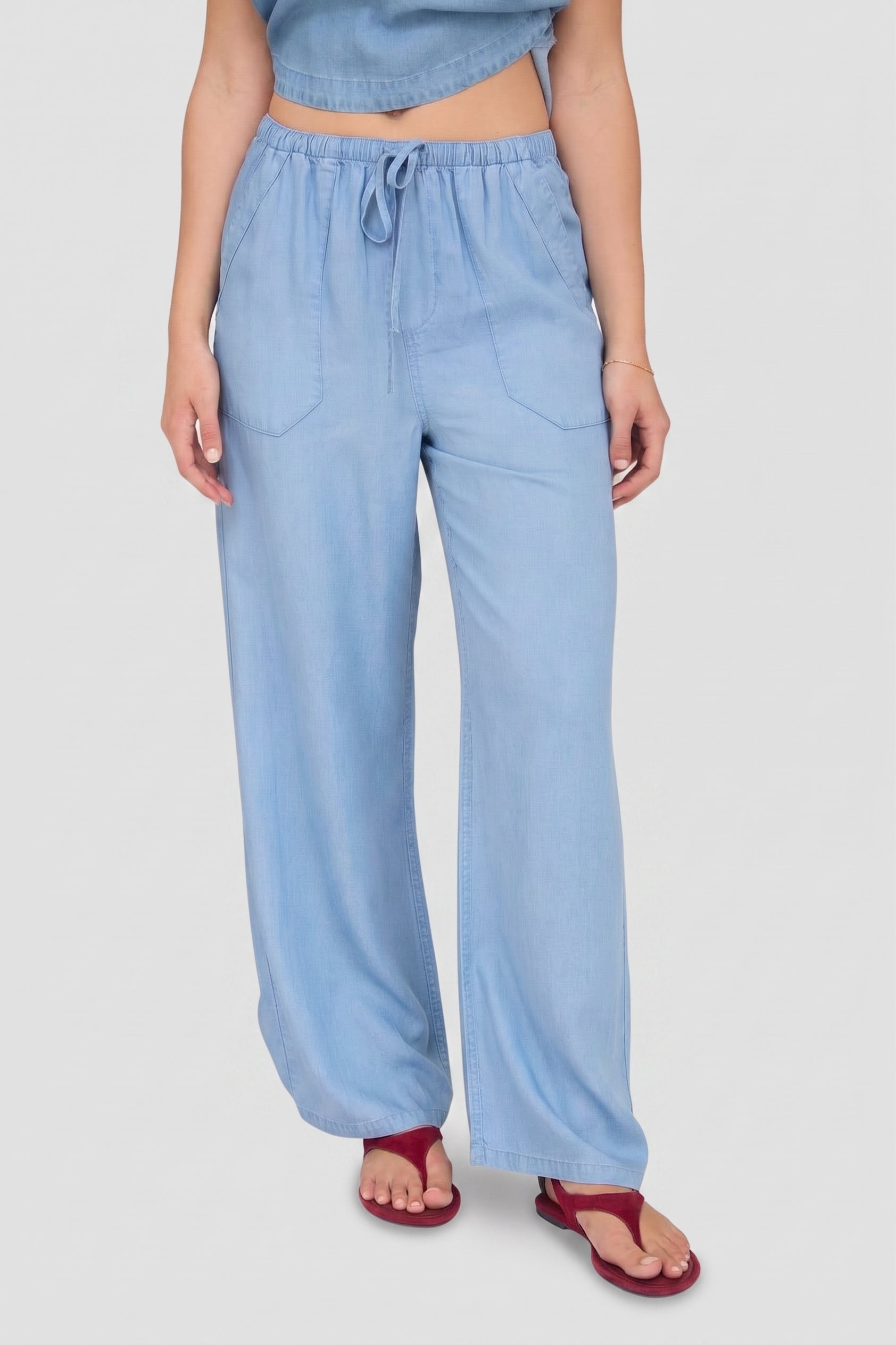 Chambray Drawstring Wide Leg Lounge Pants