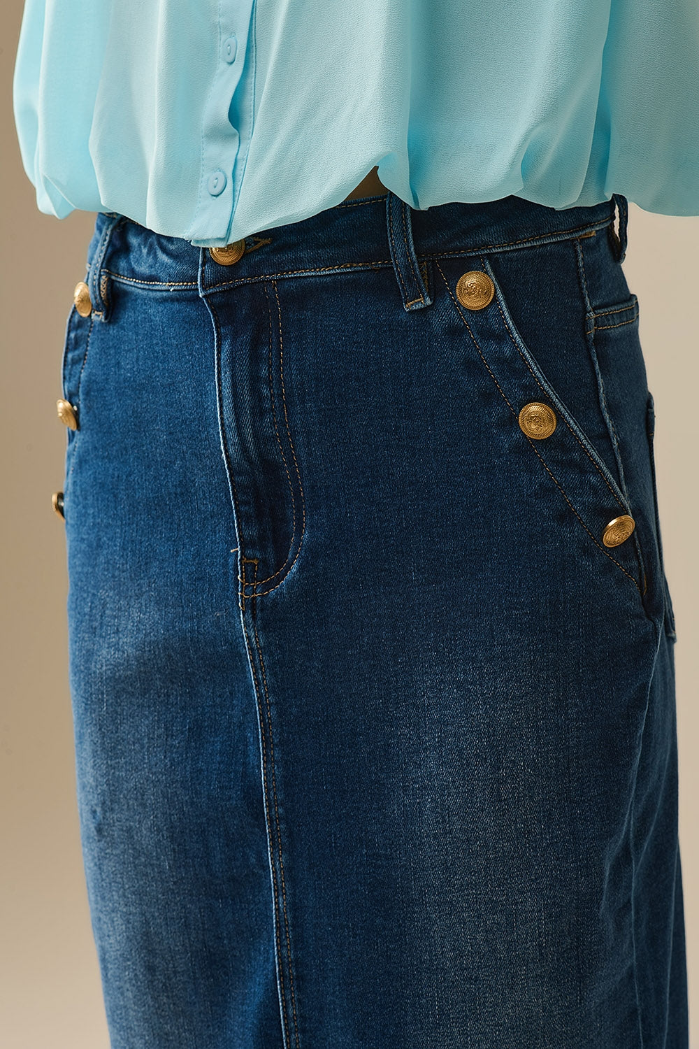 Denim Midi Skirt w/ Gold Button Detail