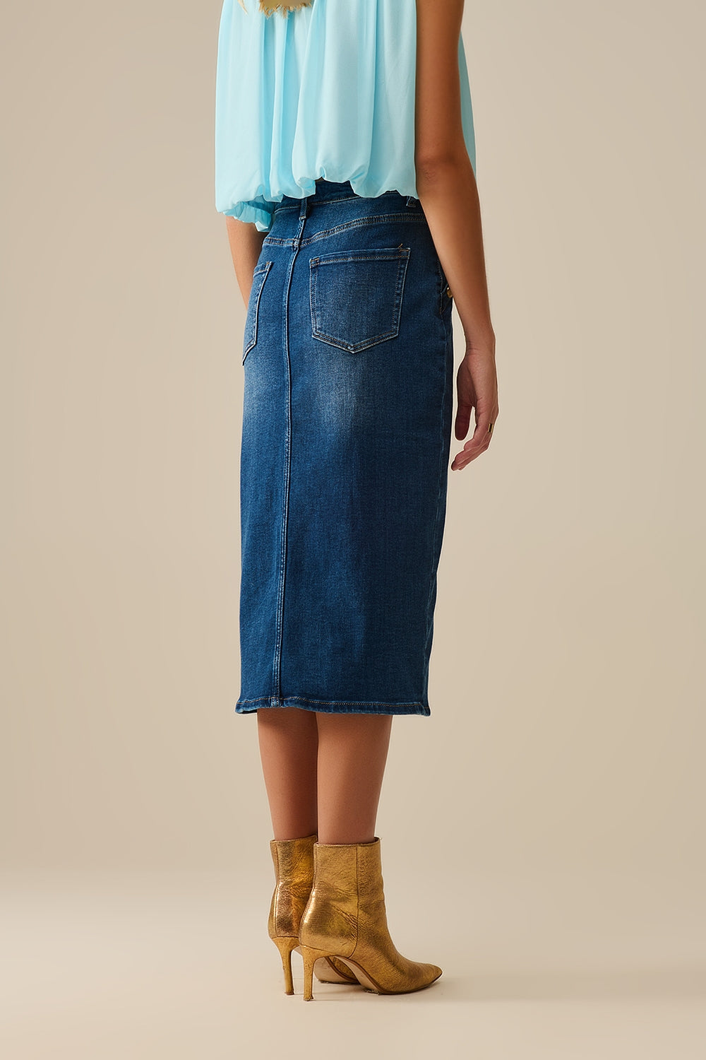 Denim Midi Skirt w/ Gold Button Detail