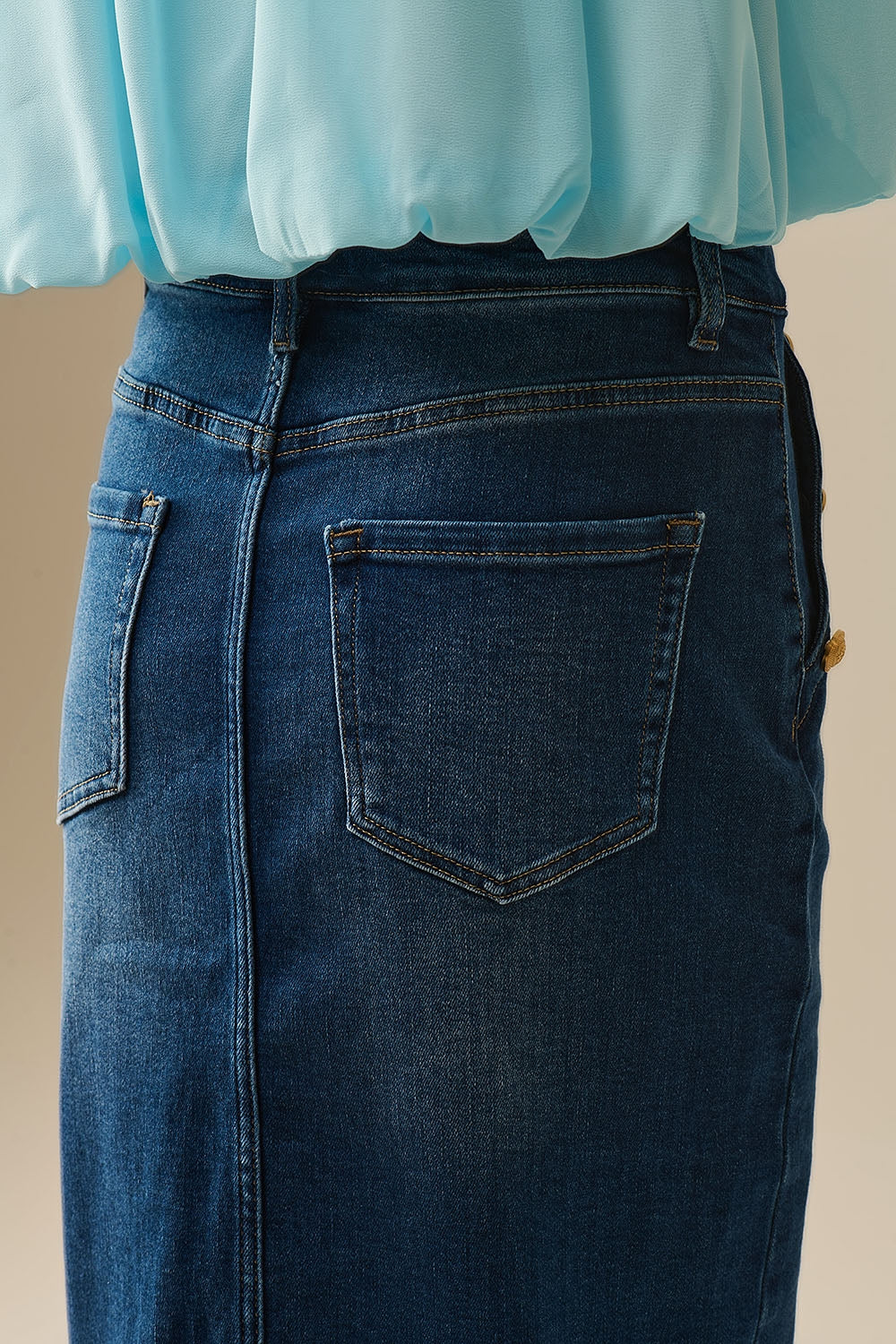 Denim Midi Skirt w/ Gold Button Detail