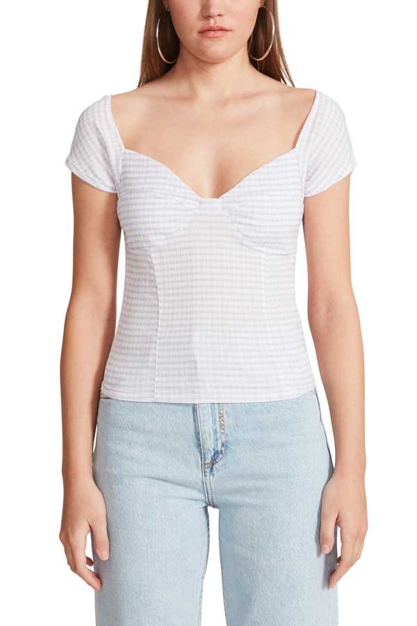 BB Dakota by Steve Madden Gingham To Me Corset Top lilac front | MILK MONEY milkmoney.co | cute clothes for women. womens online clothing. trendy online clothing stores. womens casual clothing online. trendy clothes online. trendy women's clothing online. ladies online clothing stores. trendy women's clothing stores. cute female clothes.