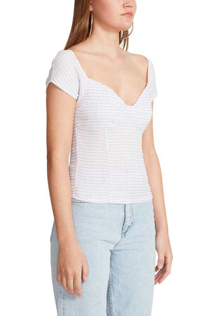 BB Dakota by Steve Madden Gingham To Me Corset Top lilac side | MILK MONEY milkmoney.co | cute clothes for women. womens online clothing. trendy online clothing stores. womens casual clothing online. trendy clothes online. trendy women's clothing online. ladies online clothing stores. trendy women's clothing stores. cute female clothes.