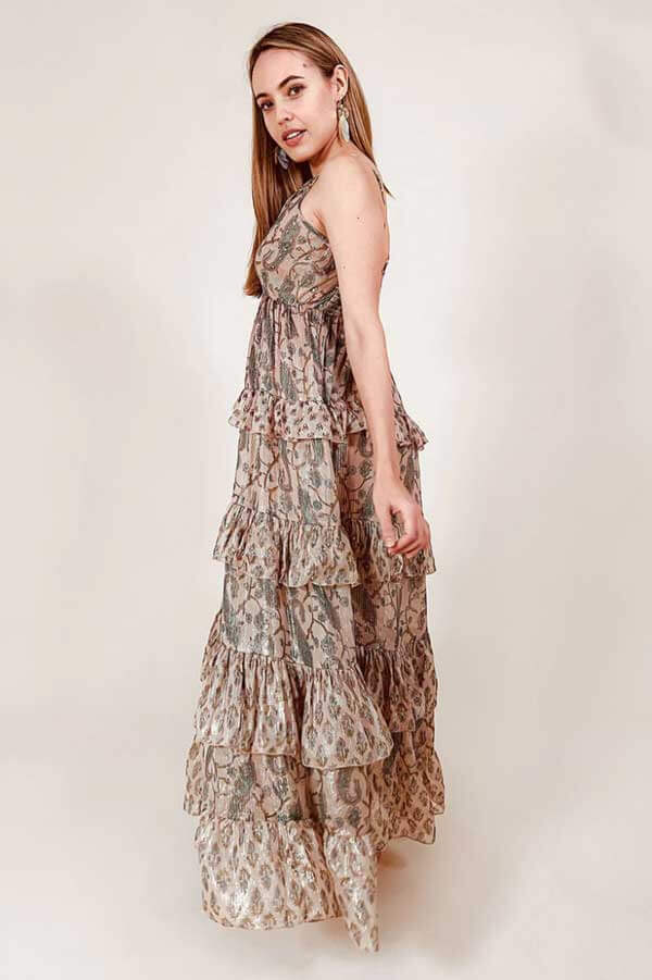Tiered Boho Halterneck Maxi Dress pink side | MILK MONEY milkmoney.co | cute clothes for women. womens online clothing. trendy online clothing stores. womens casual clothing online. trendy clothes online. trendy women's clothing online. ladies online clothing stores. trendy women's clothing stores. cute female clothes.