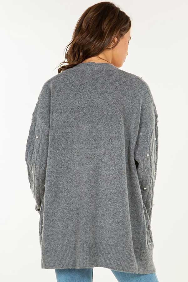 Cable Knit Pearl Cardigan grey back | MILK MONEY milkmoney.co | cute clothes for women. womens online clothing. trendy online clothing stores. womens casual clothing online. trendy clothes online. trendy women's clothing online. ladies online clothing stores. trendy women's clothing stores. cute female clothes.