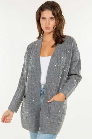 Cable Knit Pearl Cardigan  grey front | MILK MONEY milkmoney.co | cute clothes for women. womens online clothing. trendy online clothing stores. womens casual clothing online. trendy clothes online. trendy women's clothing online. ladies online clothing stores. trendy women's clothing stores. cute female clothes.