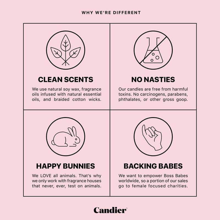 Calm The F Down Candle pink info graphic | MILK MONEY milkmoney.co | A soy-based candle scented simply with essential oils, inspired by the cherry blossom trees of Japan.