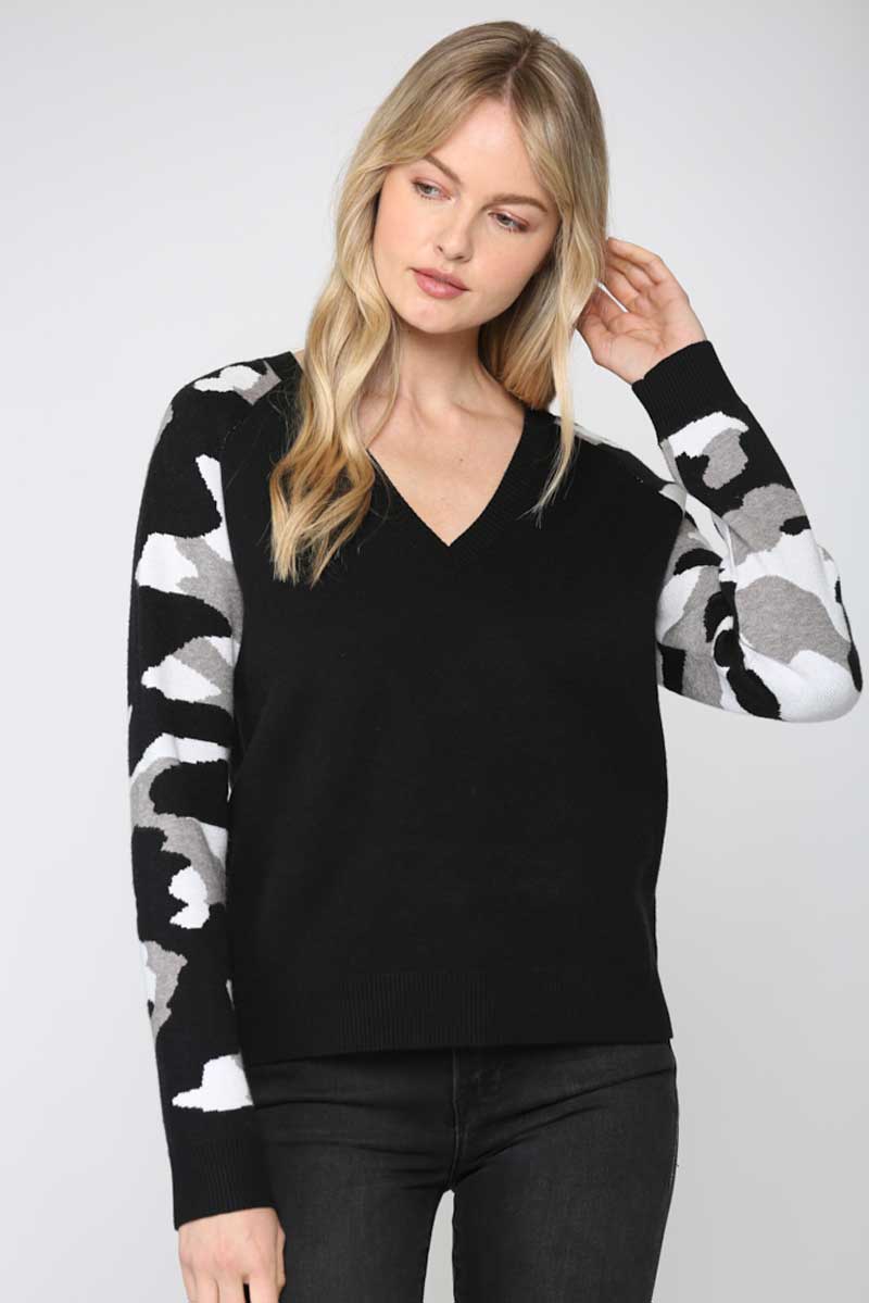 Camo Long Sleeve V-Neck Sweater black front | MILK MONEY milkmoney.co | cute sweaters for women. cute knit sweaters. cute pullover sweaters
