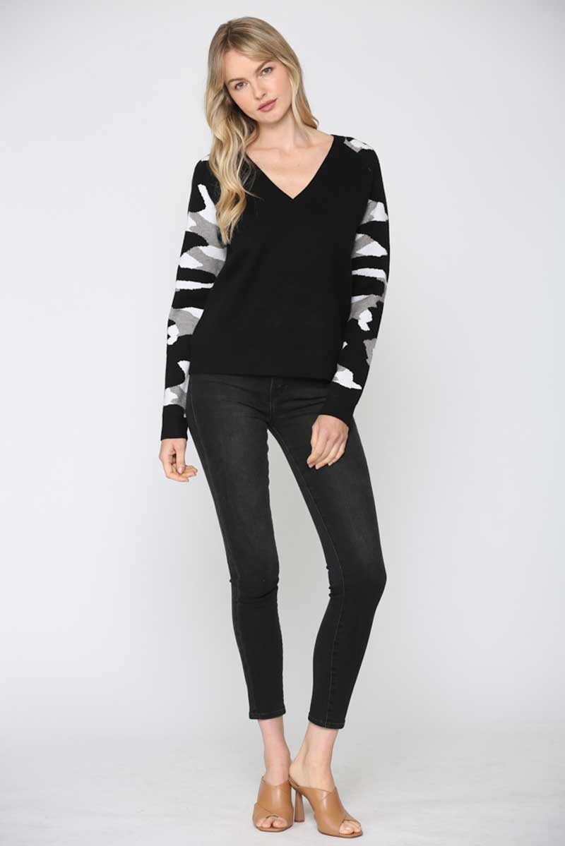 Camo Long Sleeve V-Neck Sweater black front | MILK MONEY milkmoney.co | cute sweaters for women. cute knit sweaters. cute pullover sweaters