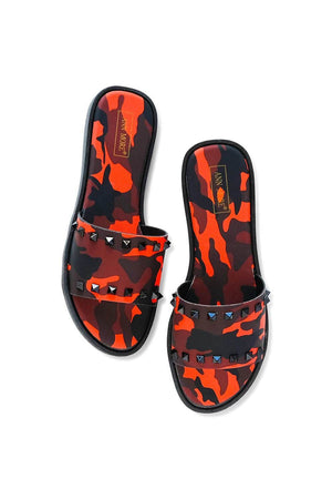 Spiked Studded Camo Sandals red top | MILK MONEY milkmoney.co | cute sandals for women. cute slides for women. trendy womens sandals. women sandals online. pretty sandals for women. cute slides womens.