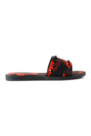 Spiked Studded Camo Sandals red side | MILK MONEY milkmoney.co | cute sandals for women. cute slides for women. trendy womens sandals. women sandals online. pretty sandals for women. cute slides womens.