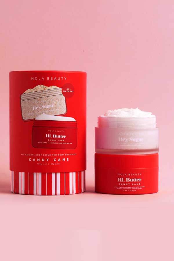 Candy Cane Body Scrub + Body Butter Holiday Gift Set front red | MILK MONEY milkmoney.co | natural skin care products. organic skin care. clean beauty products. organic skin care products. natural skincare. vegan skincare. organic skincare. organic beauty products. vegan cruelty free skincare. vegan skincare products