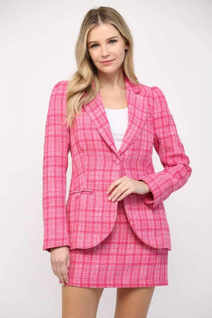 Classic Tweed Blazer hot pink front| MILK MONEY milkmoney.co | cute jackets for women. cute coats. cool jackets for women. stylish jackets for women. trendy jackets for women. trendy womens coats.