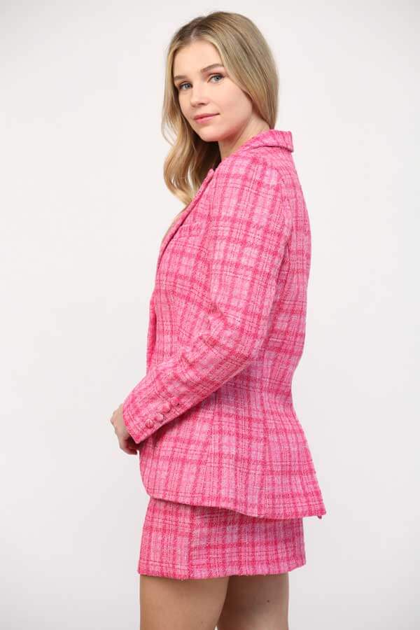 Classic Tweed Blazer hot pink side | MILK MONEY milkmoney.co | cute jackets for women. cute coats. cool jackets for women. stylish jackets for women. trendy jackets for women. trendy womens coats.