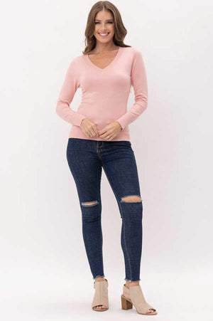 Classic V-Neck Long Sleeve Sweater  pink front | MILK MONEY milkmoney.co | cute clothes for women. womens online clothing. trendy online clothing stores. womens casual clothing online. trendy clothes online. trendy women's clothing online. ladies online clothing stores. trendy women's clothing stores. cute female clothes.