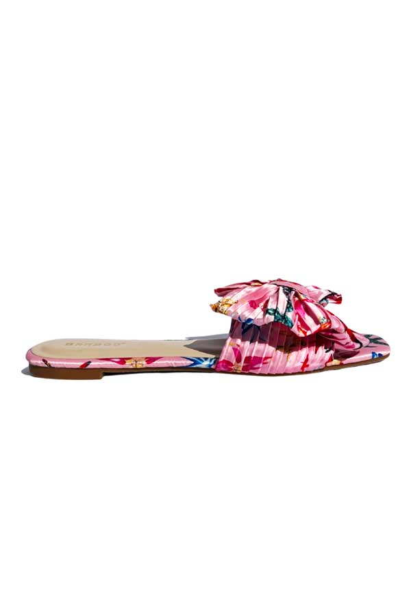 Coastal Pleated Bow Flat Sandal pink side | MILK MONEY milkmoney.co | cute sandals for women. cute slides for women. trendy womens sandals. women sandals online. pretty sandals for women. cute slides womens.