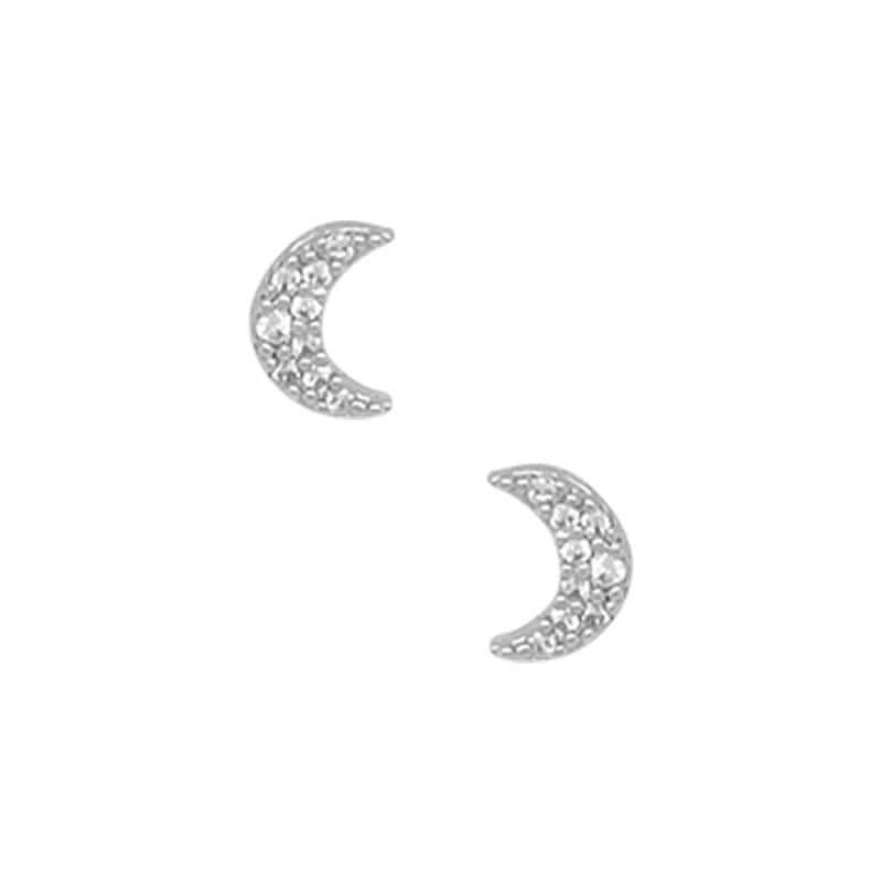 Crescent Moon Pave Stud Earrings silver front MILK MONEY
