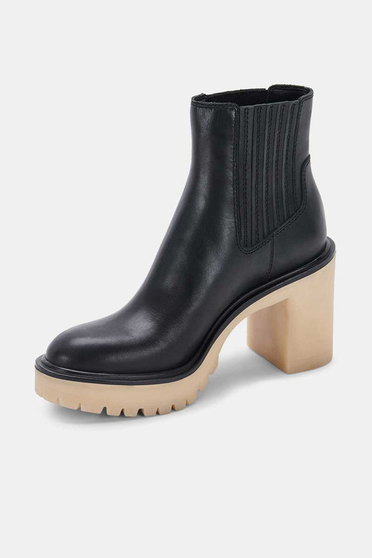 Dolce Vita Caster H2O Waterproof Block Heel Bootie black leather side front | MILK MONEY milkmoney.co | cute shoes for women. ladies shoes. nice shoes for women. ladies shoes online. ladies footwear. womens shoes and boots. pretty shoes for women. beautiful shoes for women.
