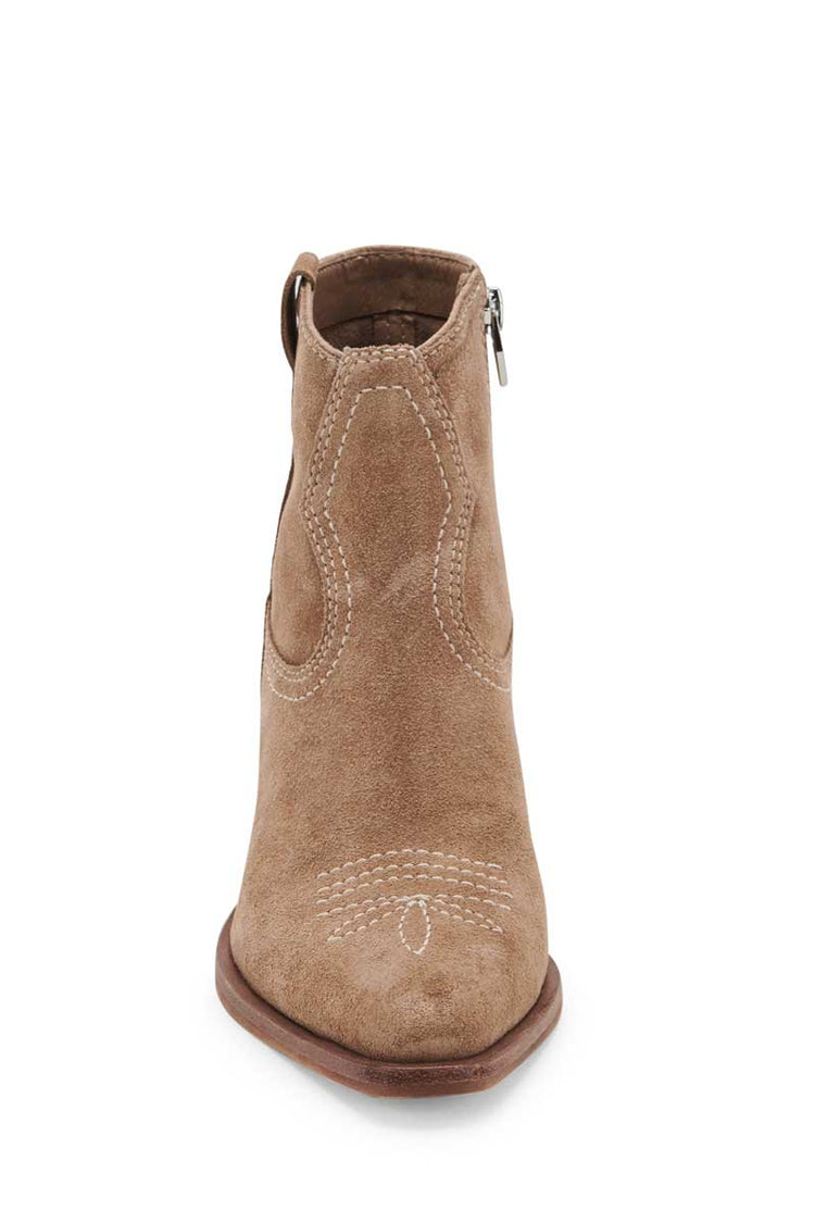 Dolce Vita Silma Bootie in Truffle Suede front  brown | MILK MONEY milkmoney.co | cute shoes for women. ladies shoes. nice shoes for women. ladies shoes online. ladies footwear. womens shoes and boots. pretty shoes for women. beautiful shoes for women.