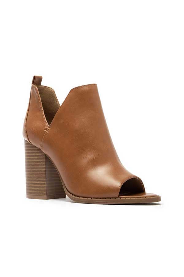 Double V Peep Toe Bootie brown side | MILK MONEY milkmoney.co | cute shoes for women. ladies shoes. nice shoes for women. ladies shoes online. ladies footwear. womens shoes and boots. pretty shoes for women. beautiful shoes for women.