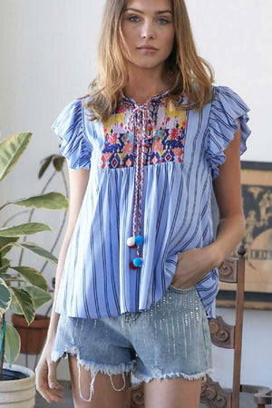 Embroidered Ruffle Short Sleeve Top blue front | MILK MONEY milkmoney.co | cute tops for women. trendy tops for women. cute blouses for women. stylish tops for women. pretty womens tops. cute clothes for women. womens online clothing. 