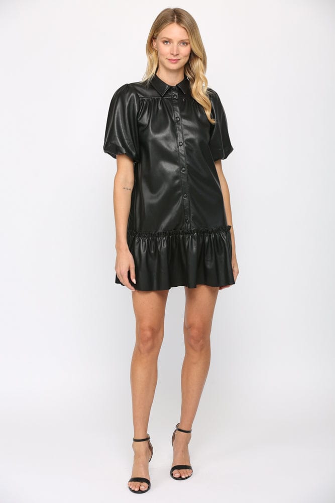 Faux Leather Puff Sleeve Black Ruffle Dress