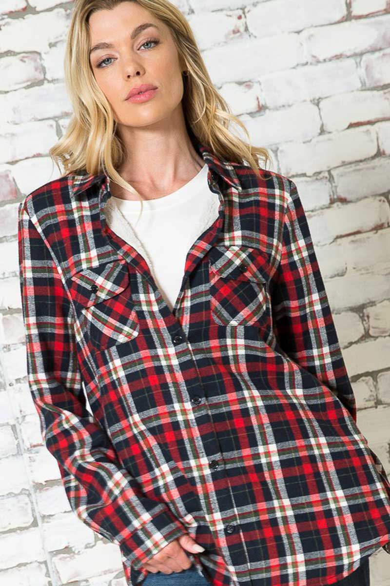Fleece Lined Flannel Button Down Top red front | MILK MONEY milkmoney.co | cute tops for women. trendy tops for women. cute blouses for women. stylish tops for women. pretty womens tops. 