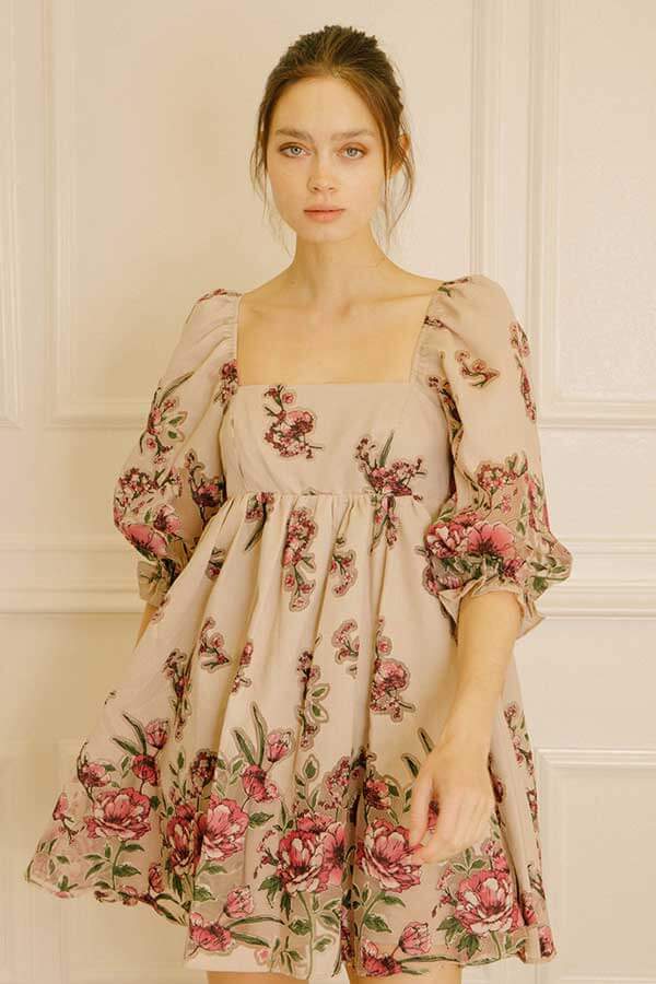 Floral Bouquet Print Babydoll Dress beige | MILK MONEY milkmoney.co | cute clothes for women. womens online clothing. trendy online clothing stores. womens casual clothing online. trendy clothes online. trendy women's clothing online. ladies online clothing stores. trendy women's clothing stores. cute female clothes.