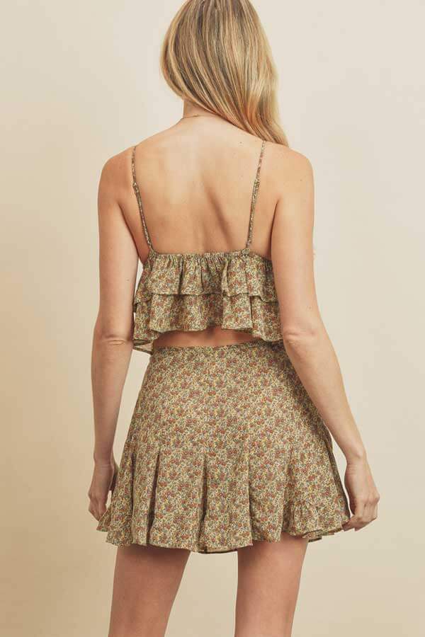 Floral Flared Mini Skirt brown back | MILK MONEY milkmoney.co | cute clothes for women. womens online clothing. trendy online clothing stores. womens casual clothing online. trendy clothes online. trendy women's clothing online. ladies online clothing stores. trendy women's clothing stores. cute female clothes.
