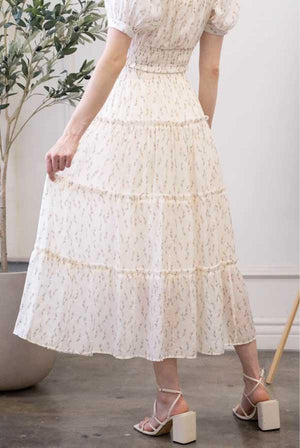 Floral Folded Ruffle Midi Skirt white back | MILK MONEY milkmoney.co | cute clothes for women. womens online clothing. trendy online clothing stores. womens casual clothing online. trendy clothes online. trendy women's clothing online. ladies online clothing stores. trendy women's clothing stores. cute female clothes.