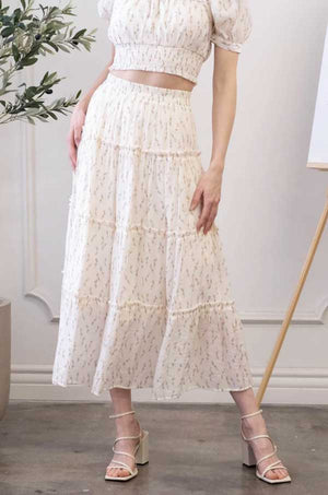 Floral Folded Ruffle Midi Skirt white front | MILK MONEY milkmoney.co | cute clothes for women. womens online clothing. trendy online clothing stores. womens casual clothing online. trendy clothes online. trendy women's clothing online. ladies online clothing stores. trendy women's clothing stores. cute female clothes.