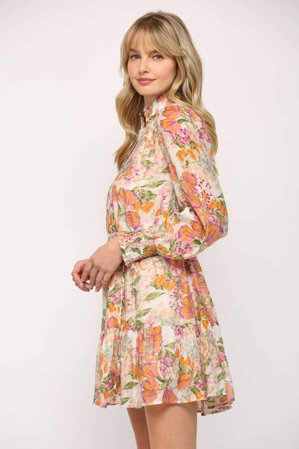 Floral Frill Long Sleeve Dress orange side | MILK MONEY milkmoney.co | cute clothes for women. womens online clothing. trendy online clothing stores. womens casual clothing online. trendy clothes online. trendy women's clothing online. ladies online clothing stores. trendy women's clothing stores. cute female clothes.