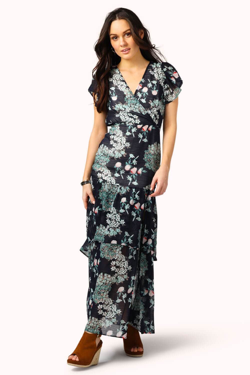 Ruffle Floral Maxi Dress navy front | MILK MONEY milkmoney.co | cute clothes for women. womens online clothing. trendy online clothing stores. womens casual clothing online. trendy clothes online. trendy women's clothing online. ladies online clothing stores. trendy women's clothing stores. cute female clothes.