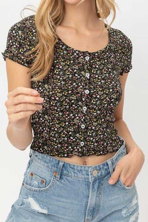 Floral Print Button Down Cropped Top black front | MILK MONEY milkmoney.co | cute tops for women. trendy tops for women. stylish tops for women. pretty womens tops. 