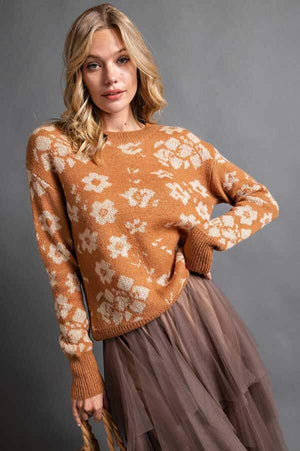 Floral Print Crew Neck Sweater camel front | MILK MONEY milkmoney.co | cute clothes for women. womens online clothing. trendy online clothing stores. womens casual clothing online. trendy clothes online. trendy women's clothing online. ladies online clothing stores. trendy women's clothing stores. cute female clothes.