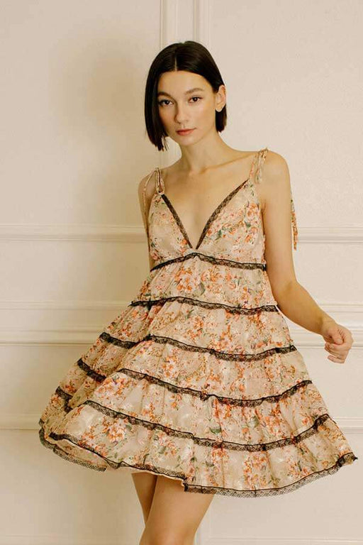 Floral Tiered Mini Dress beige front | MILK MONEY milkmoney.co | cute clothes for women. womens online clothing. trendy online clothing stores. womens casual clothing online. trendy clothes online. trendy women's clothing online. ladies online clothing stores. trendy women's clothing stores. cute female clothes.