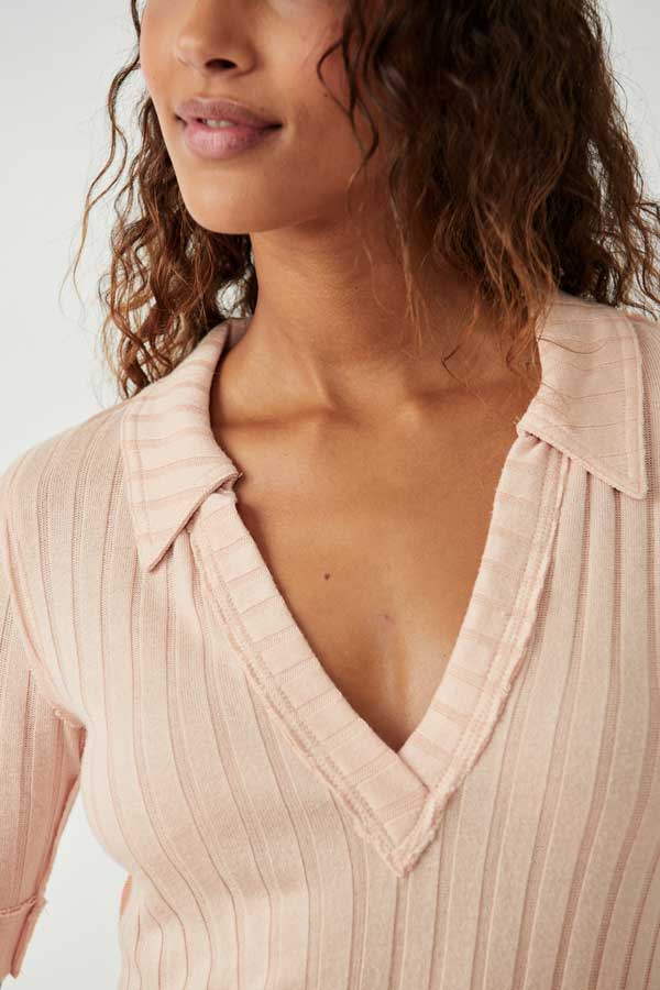 Free People Krystal Polo peach front | MILK MONEY milkmoney.co | cute tops for women. trendy tops for women. cute blouses for women. stylish tops for women. pretty womens tops.