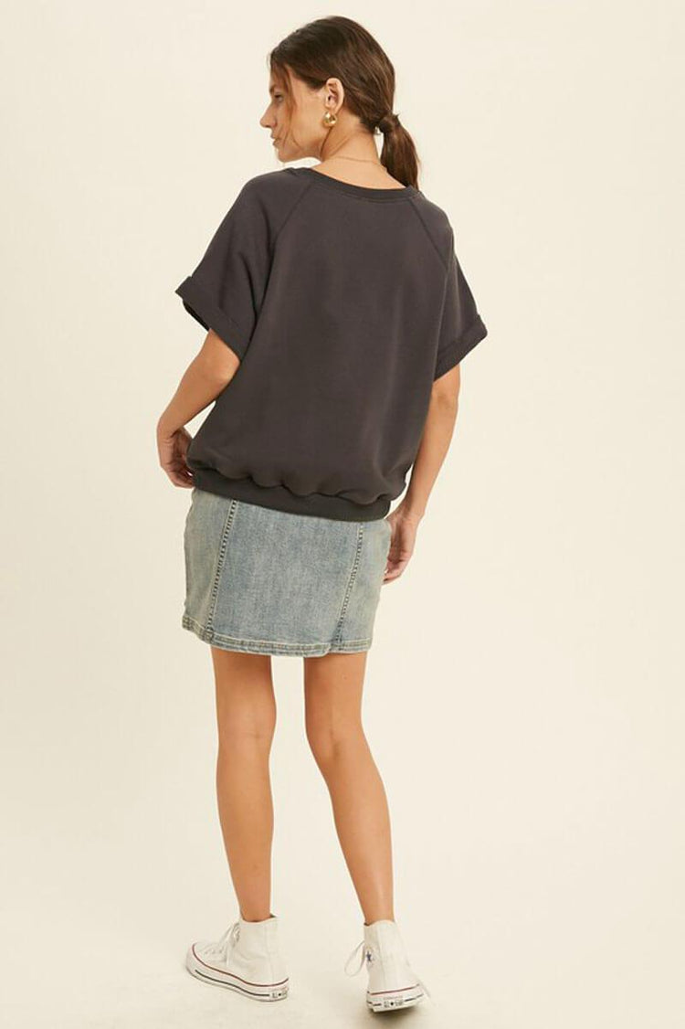 French Terry Raglan Top charcoal back | MILK MONEY milkmoney.co | A super loose fit trendy tops for women top featuring a fold cuff at sleeves and neck line, banded bottom.