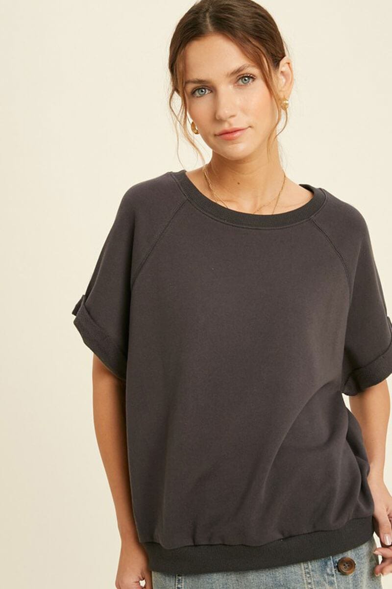 French Terry Raglan Top charcoal front | MILK MONEY milkmoney.co | A super loose fit trendy tops for women top featuring a fold cuff at sleeves and neck line, banded bottom.